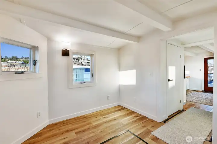 The bedroom can accommodate a full or queen.