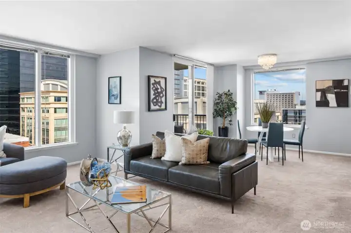 : Spacious living area in a 1,754 sq ft residence at Bellevue Pacific Tower.