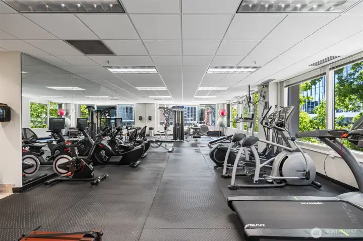 Enjoy the ultimate convenience of a well-equipped fitness center, including a variety of cardio machines, strength equipment, and a dedicated space for stretching.