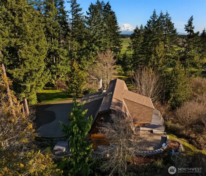 Enjoy stunning Mt. Rainier views from this custom solid 4x8 double tongue-n-groove Cedar Home on 9+ acres