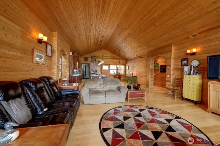 Looking from the bayside to the front door gives you the size of this Great Room.