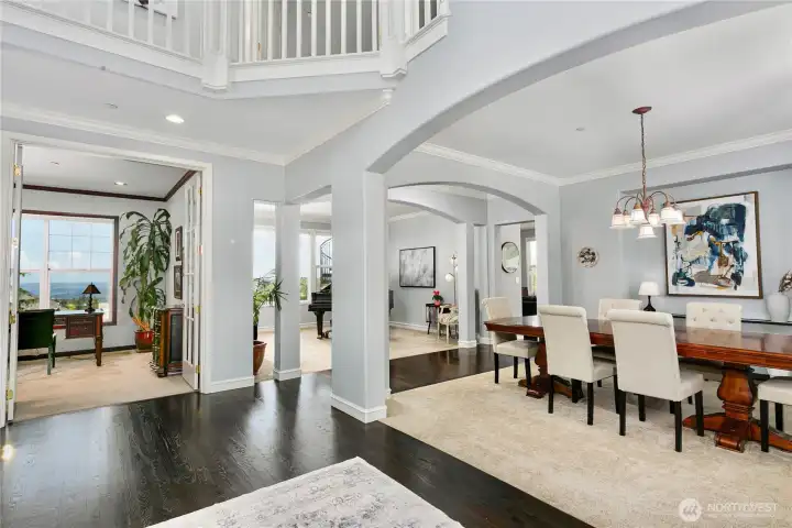 Access the formal dining room, office, and formal living room from the foyer