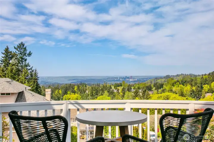 Deck off the family room with views of Downtown Bellevue, Lake Washington, and the Cascades