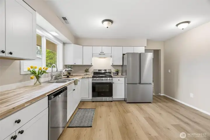 Butcher block counters and new appliances.