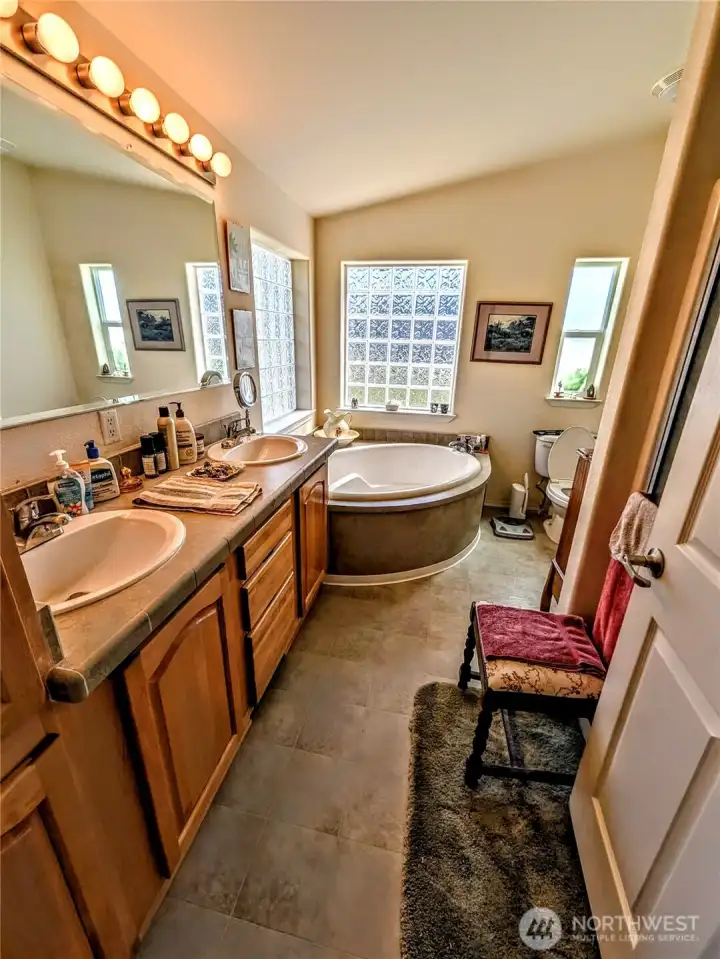 Full primary bath - shower, tub and double sinks.