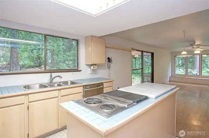 Large kitchen sink window showcasing beautiful, serene views of the natural backyard setting.