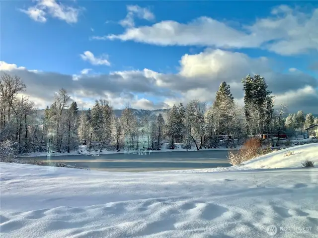 Enjoy the stunning winter wonderland views of the pond and spacious backyard.