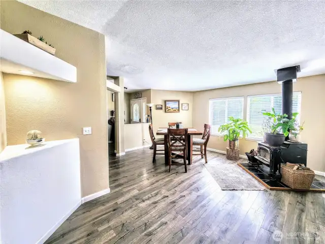 Formal living room with freestanding wood stove.