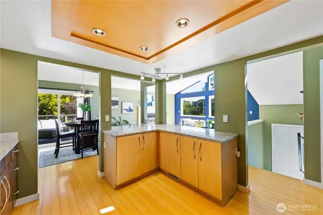 View from the kitchen out to the living and dining spaces.