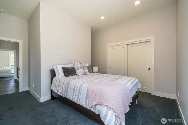 It could also be an ideal office space, too. Extra long closet with shelves gives you more great storage.