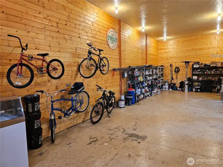 Knotty pine adorned workshop. Well lighted, insulated and heated.