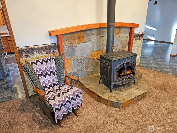 warm woodstove takes the chill from cool evenings
