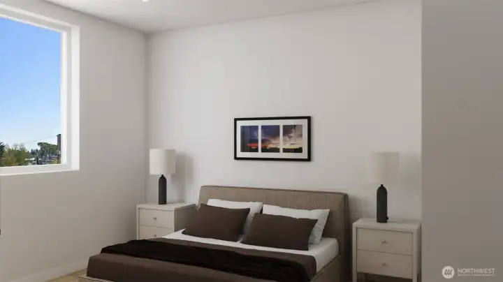 Spacious primary bedroom with large windows. (Digitally rendered)