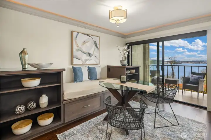 Custom bock shelves and seating for informal dinning or hanging out