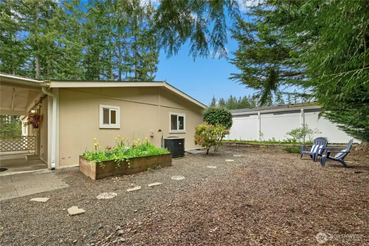 Oversized back yard with raised planter beds that burst into seasonal bloom. Fully Fenced!