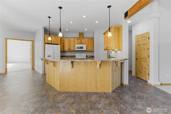 Kitchen with eating bar.