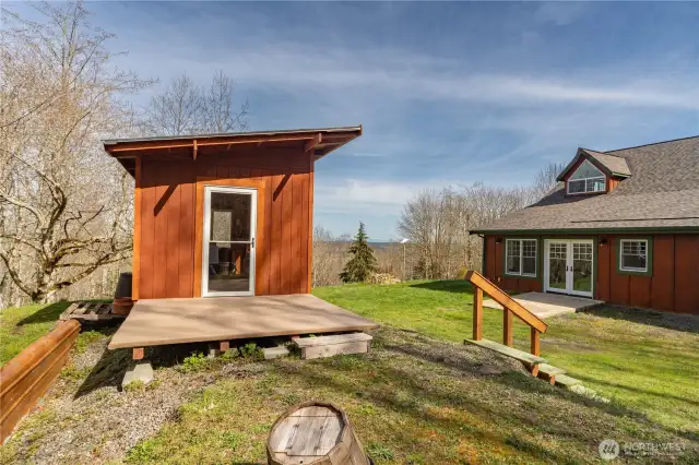 The solar-powered garden shed is super clean and could be used for a studio, yoga, green house, etc.