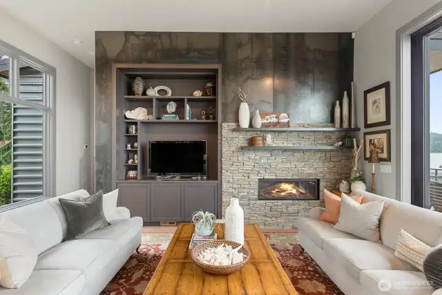 Beautiful stone fireplace w/custom steel dual metal mantels