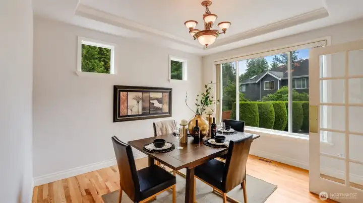 This dining room is perfect for quiet dinners spent at home or entertaining with direct access to the kitchen for easy serving.