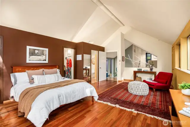 The spacious primary features a walk-through closet, vaulted ceilings, skylights, and large windows for beautiful natural light