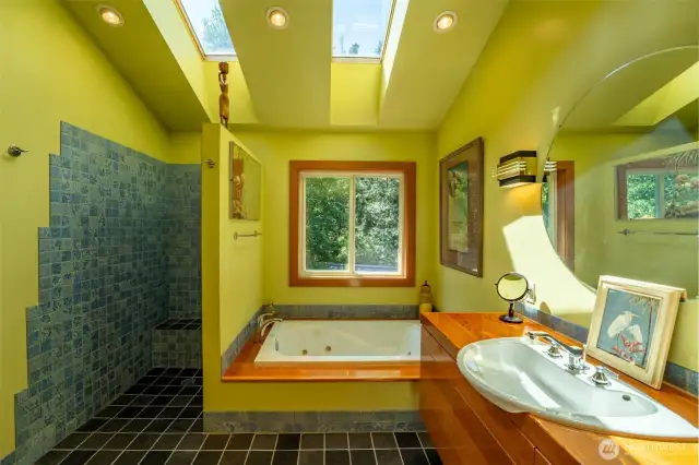 Master bath, with whirlpool tub and heated shower seat and floor.