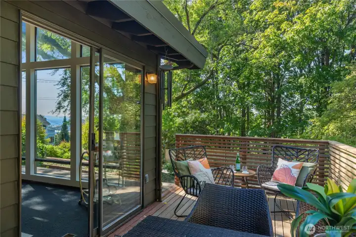 Living deck edged by heritage elm, where leafy canopy creates woodland privacy with glimpses of Puget Sound.