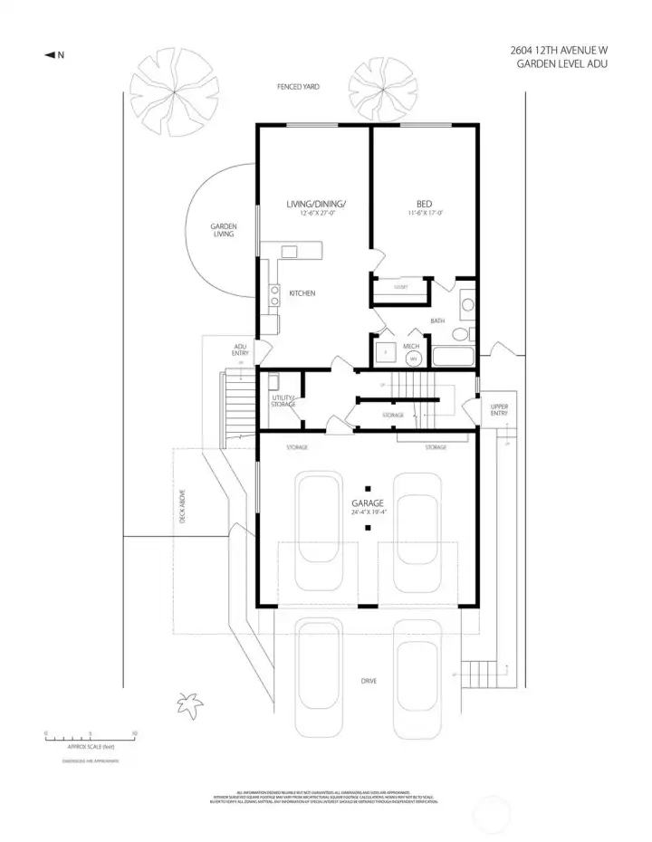 Garden Level optional layout illustrates potential expansion with flexible zones for bedroom, bath, and living areas. Full-size windows and private entry make this level ideal for guest suite, offices, or possible ADU conversion. Buyer to independently verify all facts and confirm feasibility of any renovation work—seller makes no claims.