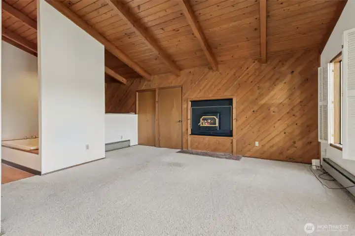 Looking back at the door to the master bed room also has a real wood fire place, with the jetted tub off to the side.