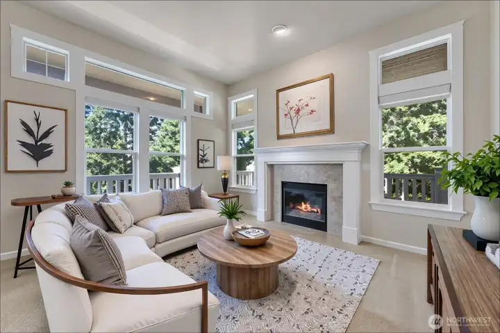 Virtually staged formal cozy living room w/gas fireplace