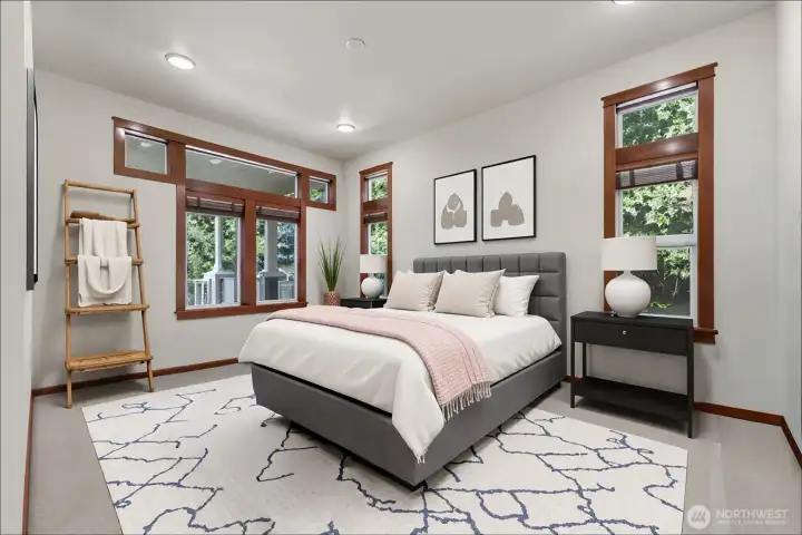 Mother in law bedroom on main level with walk and has it's own 3/4 bathroom. Virtually staged