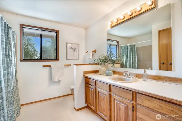 Hall bath with tub and shower.