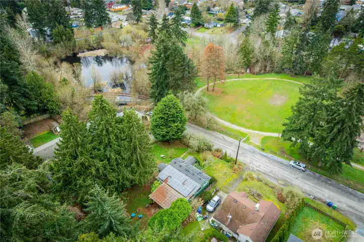 The overhead view of the pond, park and property.