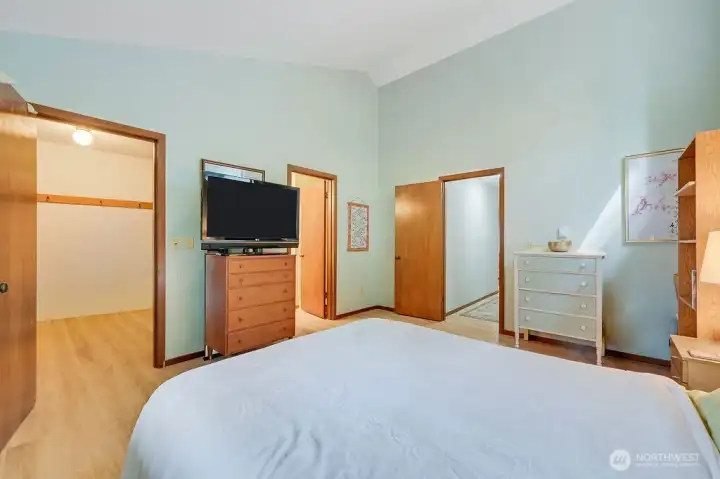 Third view of the primary bedroom which is privately set apart from the two guest bedrooms. A big walk-in closet, 3/4 bath make this a warm, purposeful and spacious ensuite.