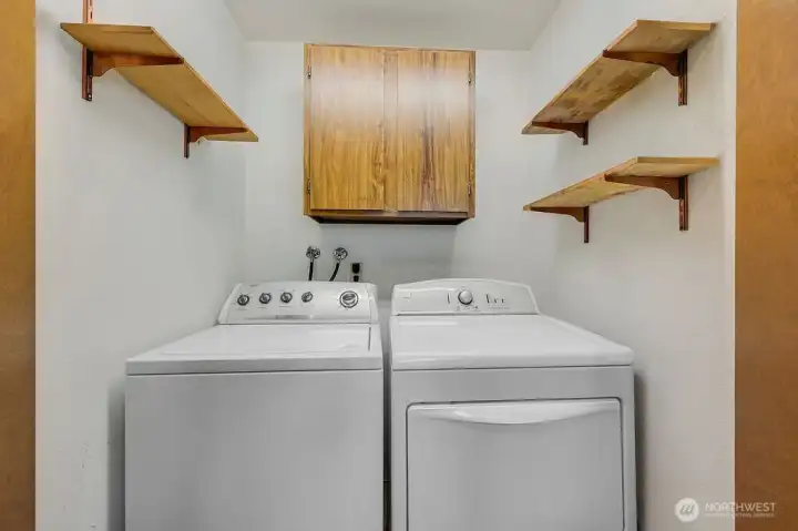 The hallway utility closet, and the washer and dryer convey.