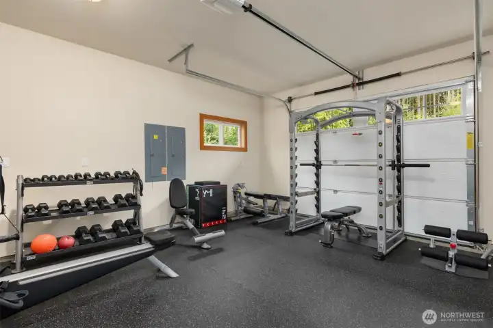 The attached 1-car garage (off the utility room) is fully-finished, and is used by the current owners as a gym. Park your most-used car here, or adapt it to suit your own hobbies.