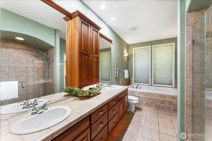 The primary vanity offers exceptional storage with an abundance of cabinetry and two separate mirrors extending from the countertop to the ceiling creating a bright and spacious feel.