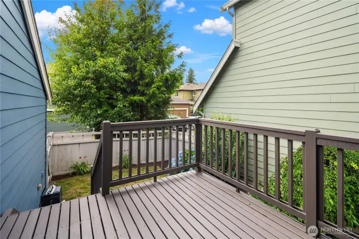 Fully fenced backyard with a private deck