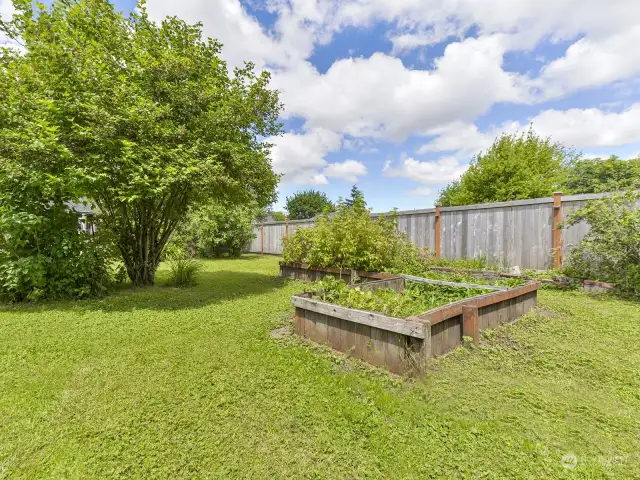 Garden area. Raised garden beds.  Fully fenced back yard.