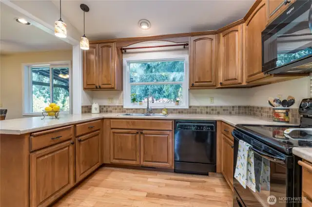 Kitchen overlooks the back yard