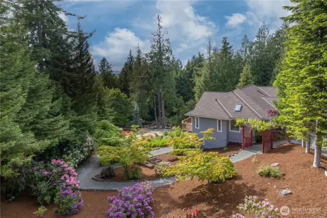 A view of the south gardens, with mature rhododendrons, grape arbor, flowering dogwood trees and more. This 1.26 acre lot is sunny, shaded, wooded, lush, and inviting, all in one.