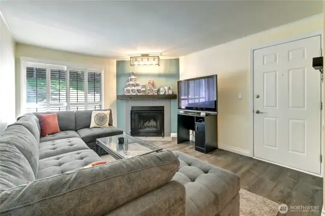 Spacious living room with slider to the amazing oversized patio! Extra touch plantation shutters on the slider.
