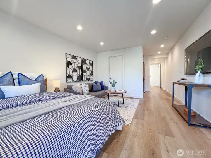 Room for bed, couch, and eating space. Linked to walk-in closet