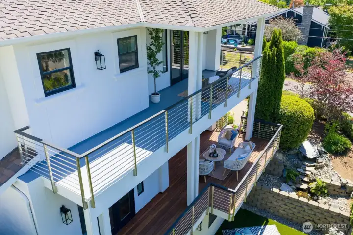 Aerial view showcases the multi-level outdoor living spaces in stunning detail!