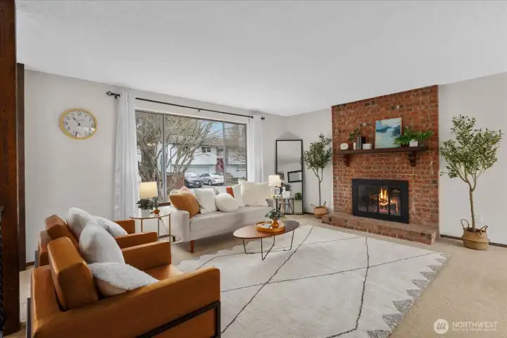 Main living room on upper level showcasing beautifully maintained masonry fireplace.