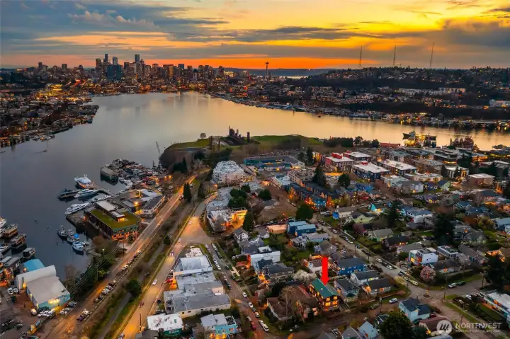 Panoramic lake and skyline views at sunset