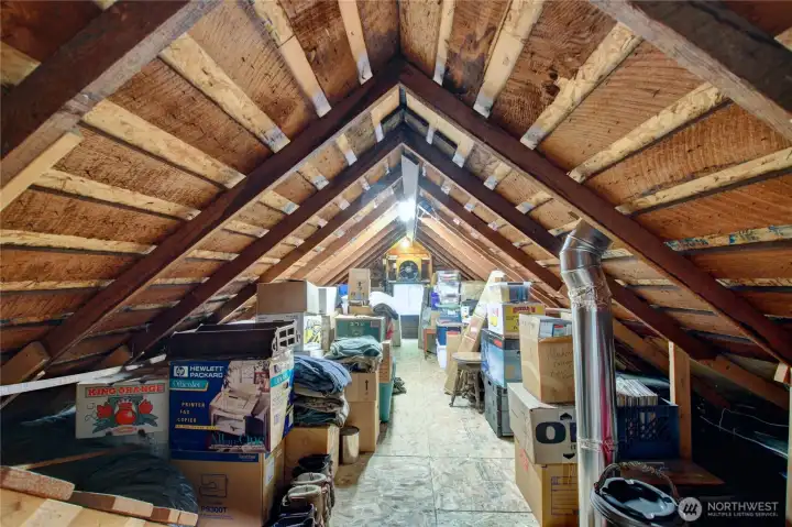Unfinished attic area. Great for storage or future expansion.