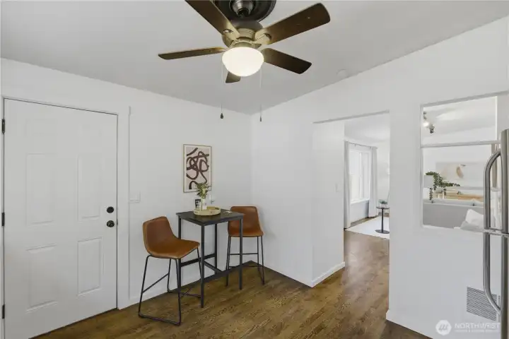 Kitchen provides enough space for a small dining nook