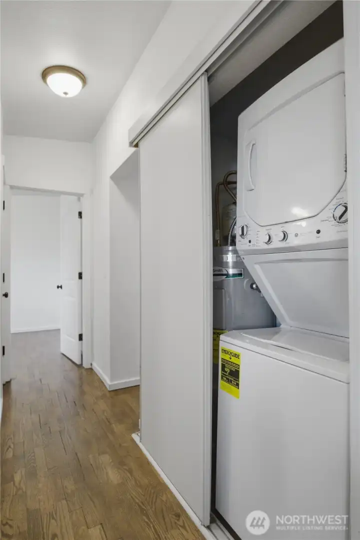 Utility closet features stackable washer/dryer