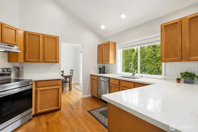 Light and bright w/high ceilings, warm hardwood flooring and so much green from the new windows in every room.