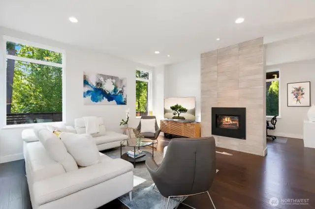 Gorgeous high-ceiling tile fireplace